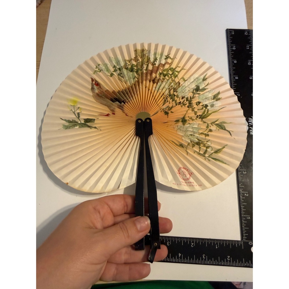 Vintage Shanghai Arts & Crafts Folding Hand Fan Bird Floral Chinese Paper Fan